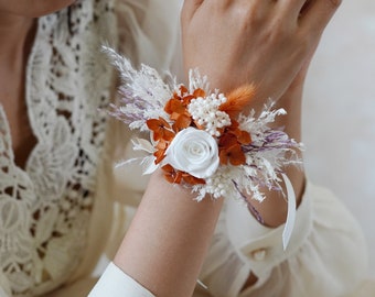 Bracelet de fleurs de mariage, corsage bohème herbe de pampa, décoration de mariage queue de lapin fleurs sèches, corsage rouille et terre cuite, corsage de mariage