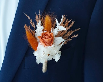 Groom Boutonniere/Orange Rose Boutonniere/Pocket Boutonniere/Dusty Wedding Boutonniere/ Boutonniere/Dried Boutonniere/Mini Flower Bouquet