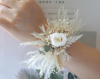 Corsages de muñeca/Corsages/Corsages de boda/Corsages de flores secas/Corsages de damas/Corsages de hierba de pampas/Pulsera de flores/Corsages hechos a mano