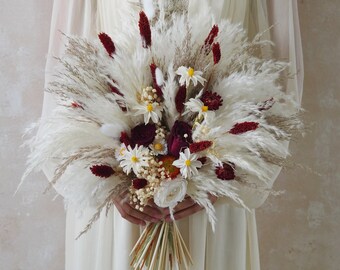 Burgundy Rose Bouquet,Fall Wedding,Wine bridal bouquet,Dried flower wedding,Boho Wedding Bouquet,Pampas Grass Bouquet,Rose Wedding Bouquet