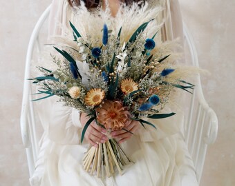 Dusty Blue&Pampas Grass Bouquet,Blue Wedding Bouquet,Bridal Bouquet,Dried Flower Bouquet,Wedding Bouquet,Silk Flower Bouquet,Boho Wedding