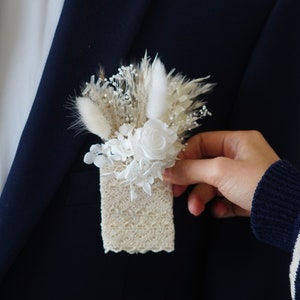 Cream Pocket Boutonniere,White Rose Dried flower boutonniere,Boho Wedding Boutonniere,Groomsmen Boutonniere,Pampas Grass Boutonniere