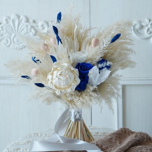 Ramo de novia azul, boda bohemia, ramo blanco, ramo de novia, ramo de boda, ramo de dama de honor, ramo de flores secas, ramo de hierba de la pampa