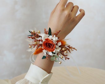 Orange Yellow Wrist Corsages,Terracotta Corsages,Dried Flowers Wrist Corsages,Autumn Wedding Corsages,Rust Rose Corsages,Wedding Corsages