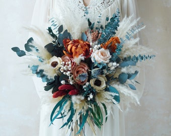 Burnt Orange Wedding,Blue Wedding Bouquet,Bridal Bouquet,Dried Flower Bouquet,Pampas Grass Bouquet,Wedding Decoration,Silk Flower Bouquet