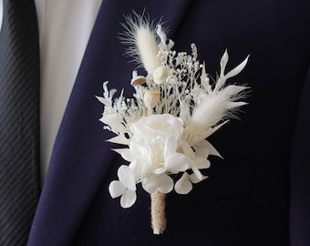 Boutonnière de Rose blanche/boutonnière de mariage/boutonnière de fleurs sèches/Mini bouquet de fleurs séchées/boutonnière séchée/boutonnière de garçons d'honneur