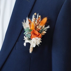 Boho Rust Terracotta boutonniere,Burnt Orange Boutonnieres,Fall Autumn wedding mini bouquet,Dried flower grooms boutonniere,Boutonniere image 1