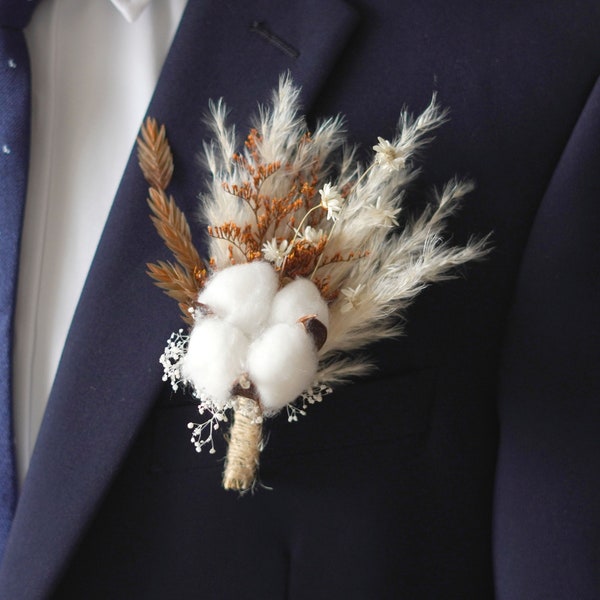 Cotton Boutonniere/Wedding Boutonniere/Dry Flower Boutonniere/Mini Dried Flower Bouquet/Dried Boutonniere/Groomsmen Buttonhole