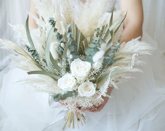 Bouquet de mariée vert, bouquet de la mariée, bouquet de fleurs séchées, bouquet d'herbe de la pampa, décor de fleurs naturelles, composition florale, décoration de mariage