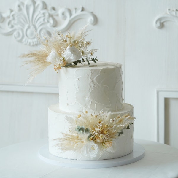 Topper de pastel de boda-Topper de pastel de rosa blanca-Topper de pastel de flores secas-Topper de pastel de fiesta-Topper de pastel -Topper de pastel de hierba de pampas