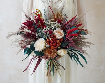 Rust Orange~Green Eucalyptus Leaves Bouquet/Deep Red Bouquet/Pampas Grass Bouquet/Bride & Bridesmaids Bouquet/Dry Flower Bouquet/Boho Brides