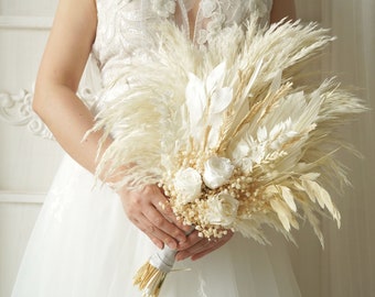 Bouquet de mariée, bouquet de mariée blanc, bouquet de fleurs séchées, bouquet d'herbe de la pampa, mariage bohème, bouquet bohème, décoration de mariage