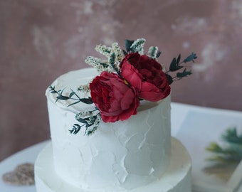 Red Cake Topper - Dried flower cake topper-Party cake topper-Wedding Cake Topper-Flower Cake Topper-Silk Rose Cake Topper