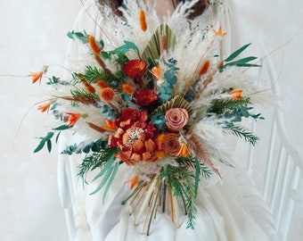 Rust Orange/Green Bridal Bouquet,Wedding Bouquet,Dried flower bouquet,Pampas Grass bouquet,Natural flower,Wedding Arrangement Decoration