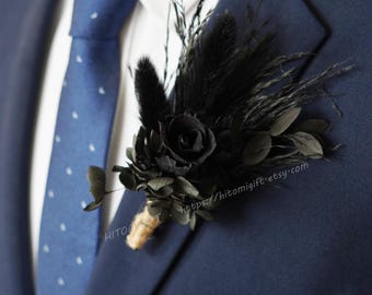 Gothic Wedding Boutonniere,Total black bouquet,Black wedding,Black Boutonniere,Wedding Boutonniere,Bridegroom Boutonniere,Boutonnières