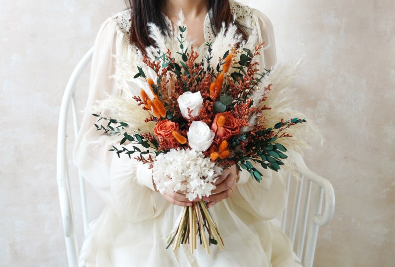 Orange Bouquet,Bohemian Wedding Bouquet,Bridal Bouquet,Dried Flower Bouquet,Pampas Grass Bouquet,Wedding Decoration,Bridesmaid Bouquet image 1