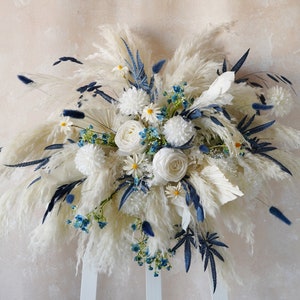 Blue White Wedding Archway Flower,Outdoor Wedding Backdrop,Pampas Grass Arch,Floral Arch Arrangement,Wedding Corner Swag,Silk Flower Arch