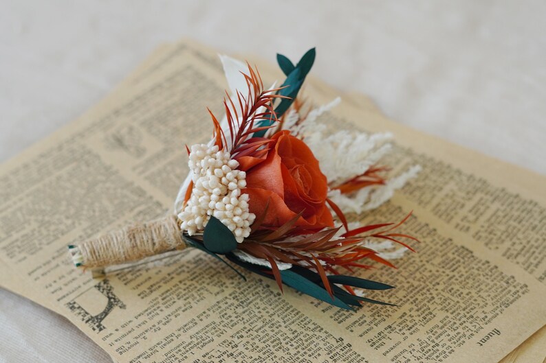 Burnt Orange Eucalyptus Greenery boutonniere,Burnt Orange Mini Dried Flowers,Rust tone Boutonniere,Wedding Boutonniere,Men Boutonniere image 10