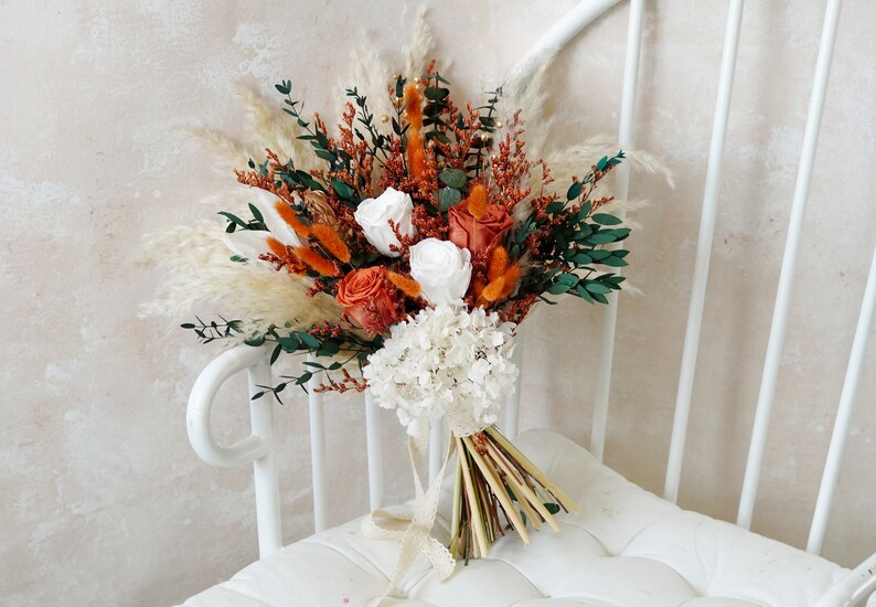 Orange Bouquet,Bohemian Wedding Bouquet,Bridal Bouquet,Dried Flower Bouquet,Pampas Grass Bouquet,Wedding Decoration,Bridesmaid Bouquet image 8