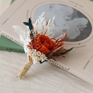 Burnt Orange Eucalyptus Greenery boutonniere,Burnt Orange Mini Dried Flowers,Rust tone Boutonniere,Wedding Boutonniere,Men Boutonniere image 6