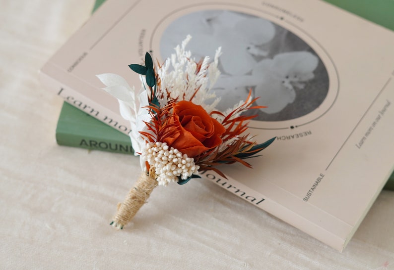 Burnt Orange Eucalyptus Greenery boutonniere,Burnt Orange Mini Dried Flowers,Rust tone Boutonniere,Wedding Boutonniere,Men Boutonniere image 6