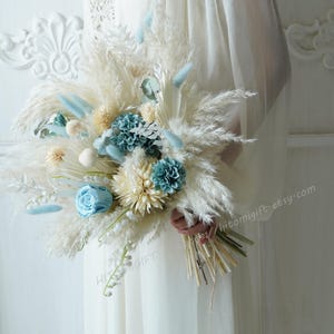 Boho Wedding bouquet,Bridal bouquet,Dried flower,Pampas Grass bouquet,Artificial wedding bouquets,Dusty Blue and White Wedding Bouquet