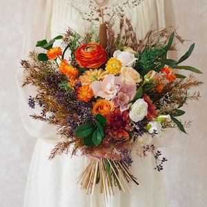 Autumn Wedding Bouquet,Autumn Silk Flower Wedding Bouquet,Bridal Bouquet,Dried Flower Bouquet,Orange Style Wedding Bouquet,Home Decor Flower