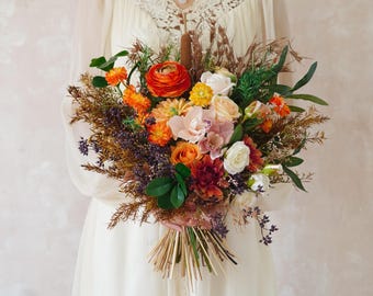 Autumn Wedding Bouquet,Autumn Silk Flower Wedding Bouquet,Bridal Bouquet,Dried Flower Bouquet,Orange Style Wedding Bouquet,Home Decor Flower
