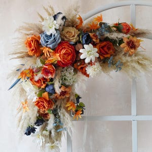 Burnt Orange and Gray Blue Arch Flowers,Dusty Wedding,Rust Orange Wedding Background,Arch Decorations,Floral Arch Arrangement,Silk Flowers