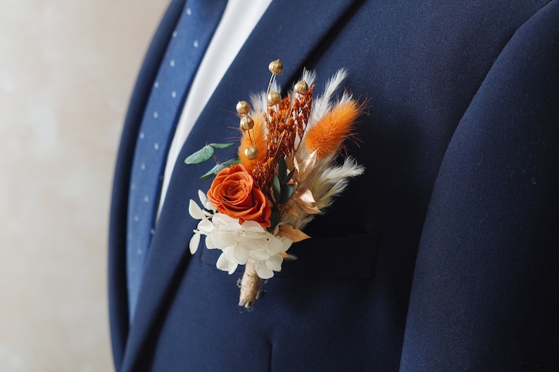 Boho Rust Terracotta boutonniere,Burnt Orange Boutonnieres,Fall Autumn wedding mini bouquet,Dried flower grooms boutonniere,Boutonniere image 6