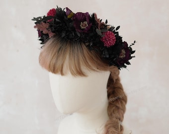 Black and Burgundy Floral Crown / Gothic Wedding Flower Crown / Dried Flowers Crown / Bridal Crown / Flower Crown / Wedding Flower Crown