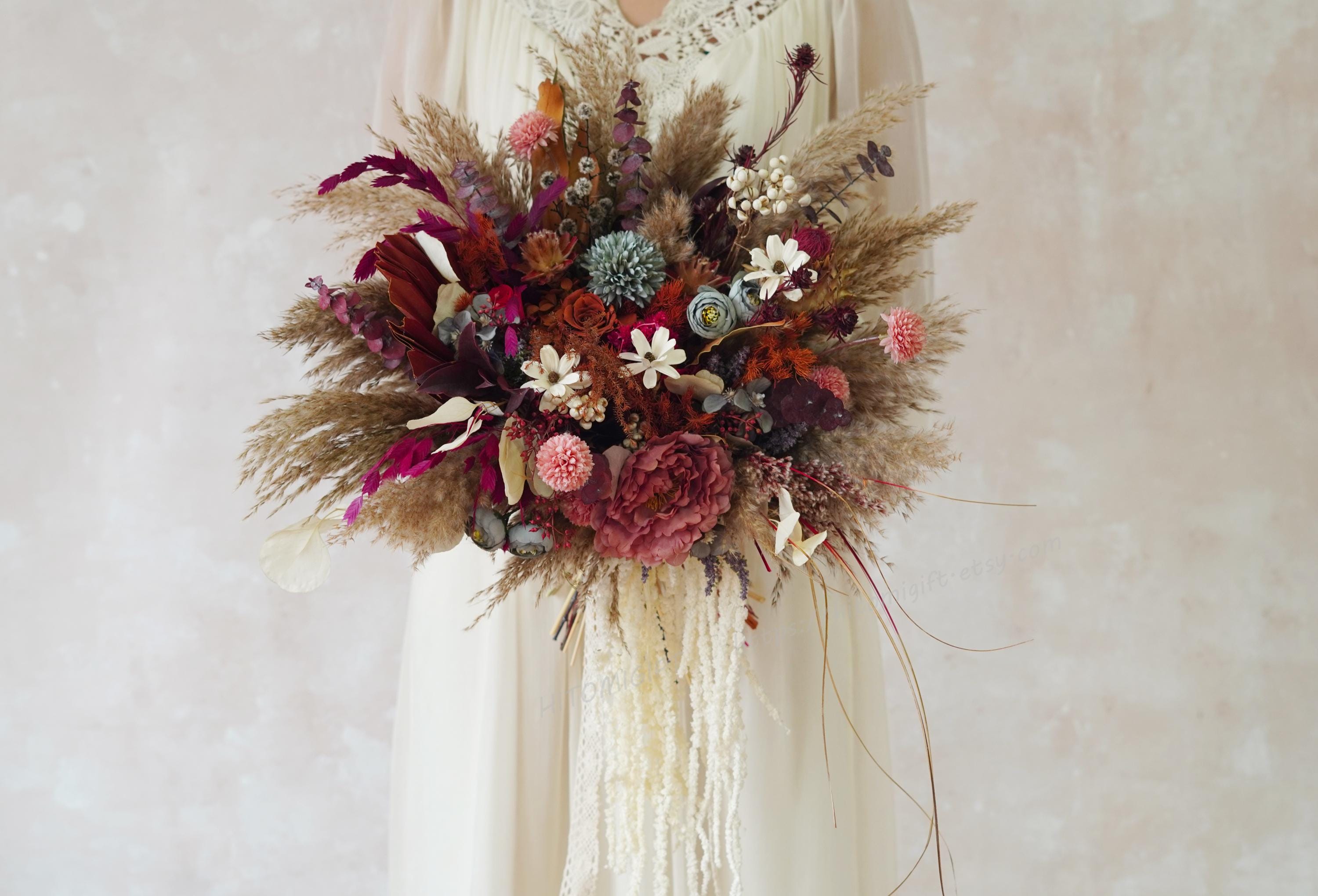 バーガンディウェディングブーケ、バーガンディブーケ、秋のシルク