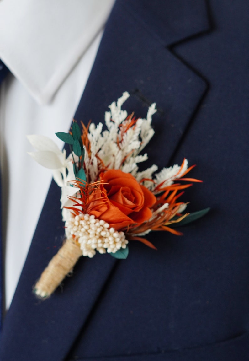 Burnt Orange Eucalyptus Greenery boutonniere,Burnt Orange Mini Dried Flowers,Rust tone Boutonniere,Wedding Boutonniere,Men Boutonniere image 2