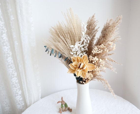 Purple & Pink Dried Flower Bouquet With Pampas Grass & Baby's Breath In White Ceramic Vase - Boho Home Decor