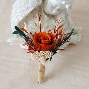 Burnt Orange Eucalyptus Greenery boutonniere,Burnt Orange Mini Dried Flowers,Rust tone Boutonniere,Wedding Boutonniere,Men Boutonniere image 9