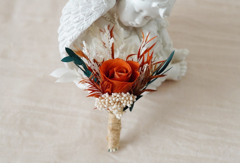 Burnt Orange Eucalyptus Greenery boutonniere,Burnt Orange Mini Dried Flowers,Rust tone Boutonniere,Wedding Boutonniere,Men Boutonniere image 9