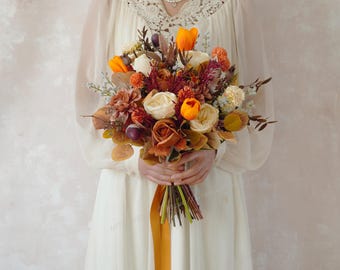 Ramo de flores de seda naranja quemado, ramo de novia, boda de otoño, ramo de novia naranja óxido, ramo de novia, ramo de boda