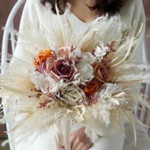 Bohemian Wedding Bouquet,White~Pink~Orange Bridal Bouquet,Bridesmaid Bouquet,Dried Flower Bouquet,Pampas Grass Bouquet,Silk Flower Bouquet