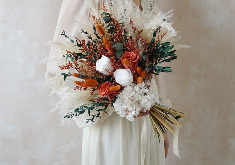 Orange Bouquet,Bohemian Wedding Bouquet,Bridal Bouquet,Dried Flower Bouquet,Pampas Grass Bouquet,Wedding Decoration,Bridesmaid Bouquet image 9