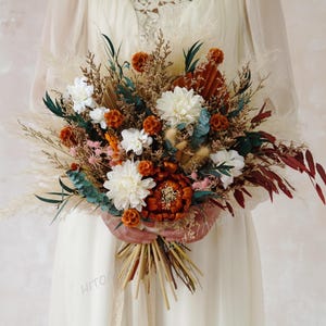 Rust, Terracotta + Olive Trockenblumen Pampasgras Bouquet,Herbst Seidenblume Hochzeitsstrauß,Rost Brautstrauß,Boho Hochzeitsstrauß