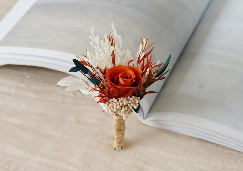 Burnt Orange Eucalyptus Greenery boutonniere,Burnt Orange Mini Dried Flowers,Rust tone Boutonniere,Wedding Boutonniere,Men Boutonniere image 8