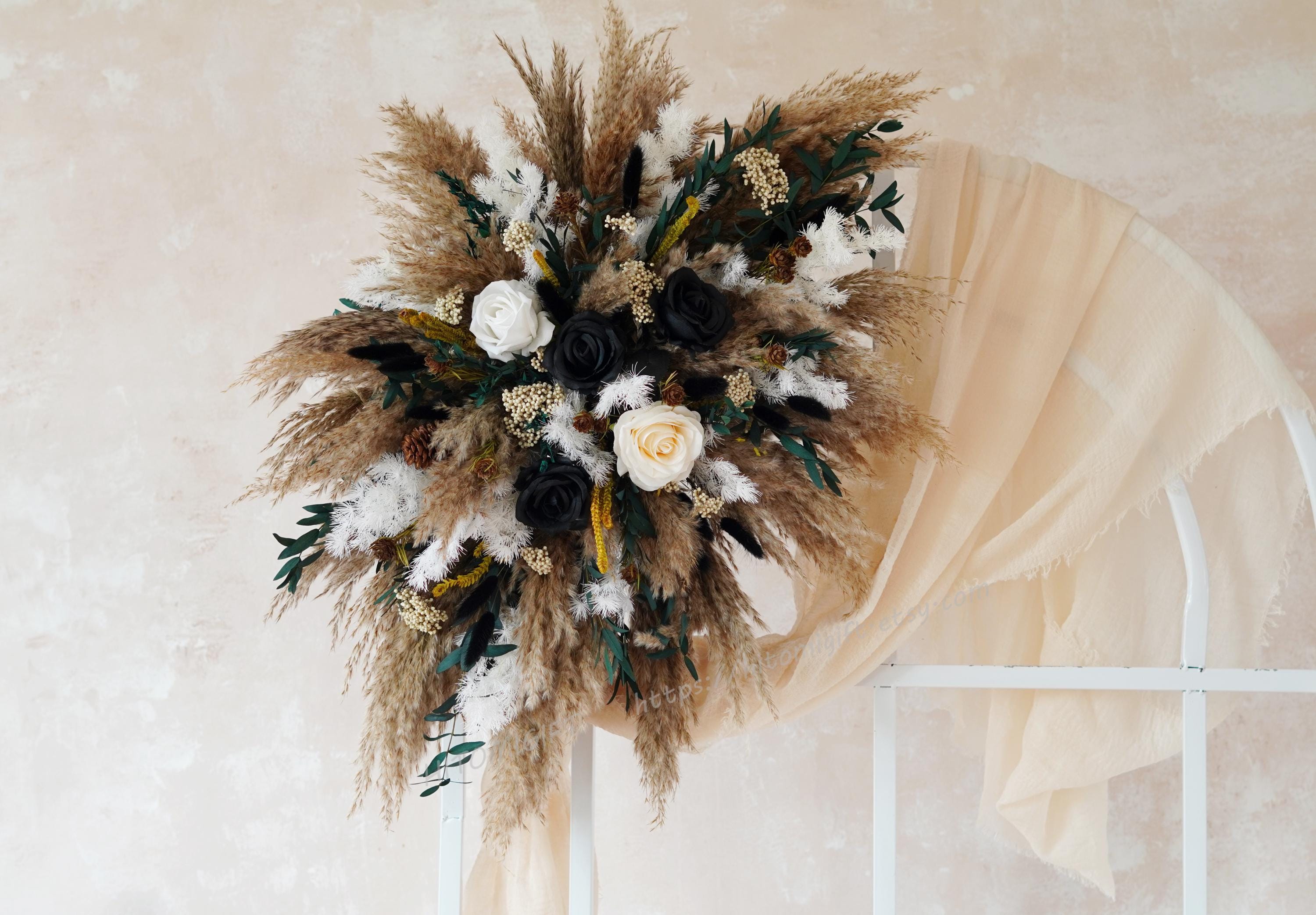 Black Rose and White Rose Boho Wedding,Gothic Wedding Arch Flowers,Silk Flower Arch,Pampas Grass Arch Arrangement,Wedding Backdrop