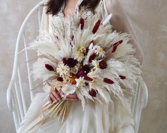 Burgundy Rose Bouquet,Fall Wedding,Wine bridal bouquet,Dried flower wedding,Boho Wedding Bouquet,Pampas Grass Bouquet,Rose Wedding Bouquet