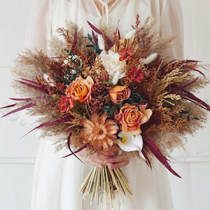 Rust Orange Wedding Bouquet,Dusty Bridal Bouquet,Bridesmaid Bouquet,Dried Flower Bouquet,Pampas Grass Bouquet,Artificial Flowers Bouquet