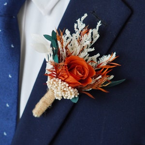 Burnt Orange Eucalyptus Greenery boutonniere,Burnt Orange Mini Dried Flowers,Rust tone Boutonniere,Wedding Boutonniere,Men Boutonniere image 1