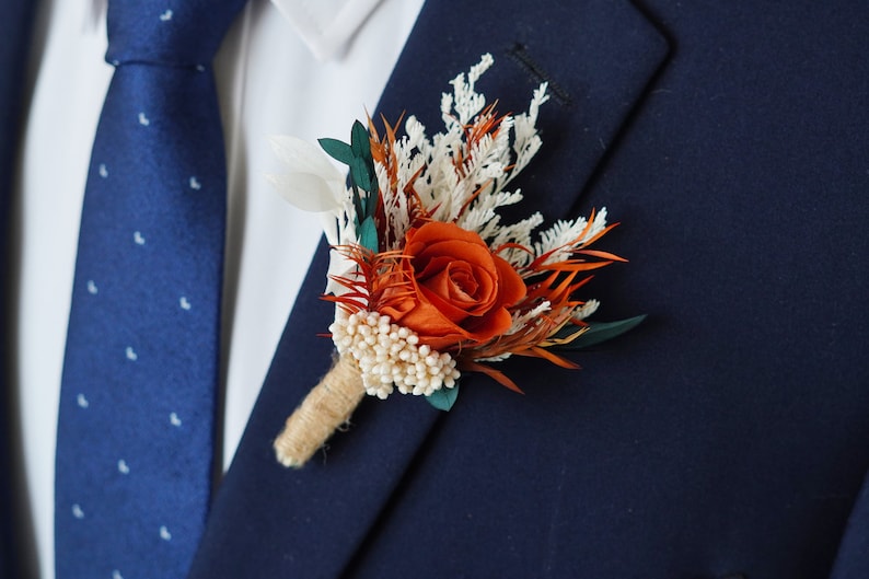 Burnt Orange Eucalyptus Greenery boutonniere,Burnt Orange Mini Dried Flowers,Rust tone Boutonniere,Wedding Boutonniere,Men Boutonniere image 1