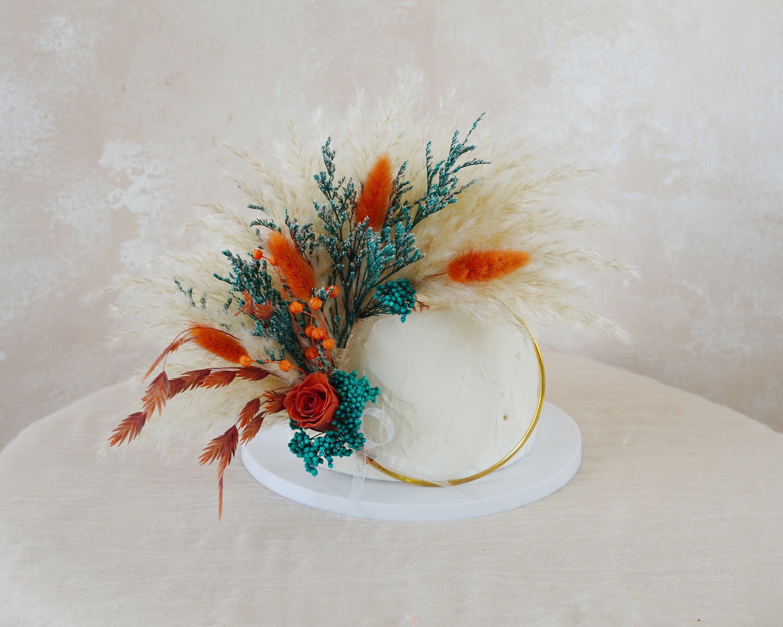 Peacock blue + burnt orange garland cake topper - pampas grass cake topper - party cake topper - flower cake topper - wedding cake topper