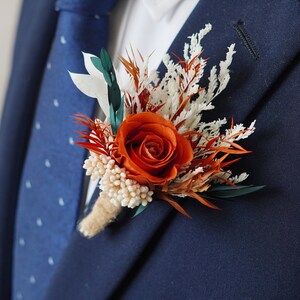 Burnt Orange Eucalyptus Greenery boutonniere,Burnt Orange Mini Dried Flowers,Rust tone Boutonniere,Wedding Boutonniere,Men Boutonniere image 3