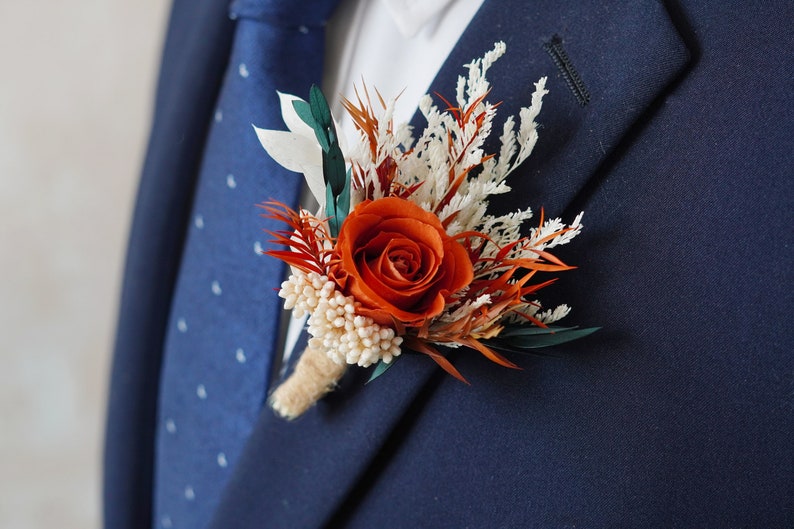 Burnt Orange Eucalyptus Greenery boutonniere,Burnt Orange Mini Dried Flowers,Rust tone Boutonniere,Wedding Boutonniere,Men Boutonniere image 3