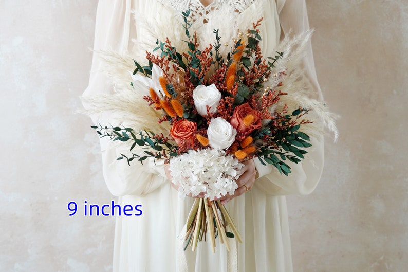 Orange Bouquet,Bohemian Wedding Bouquet,Bridal Bouquet,Dried Flower Bouquet,Pampas Grass Bouquet,Wedding Decoration,Bridesmaid Bouquet 9 inches